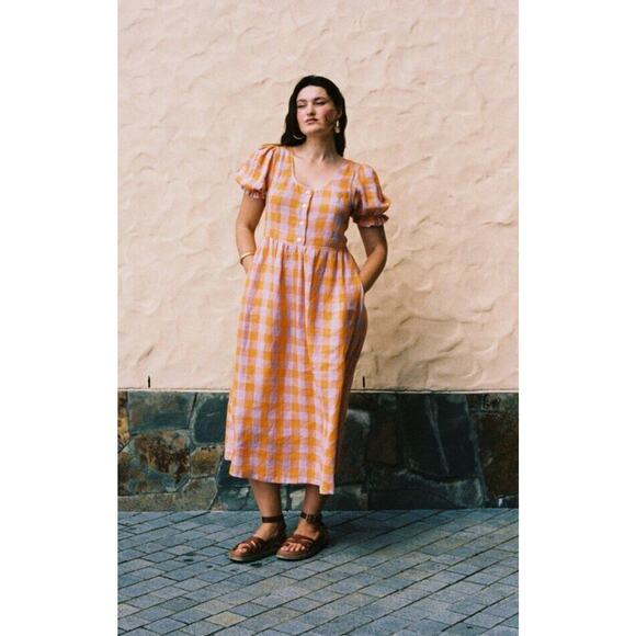 UKIYO Boutique Sz M Medium Santa Fe Marigold Dress Orange Lilac Check Linen
